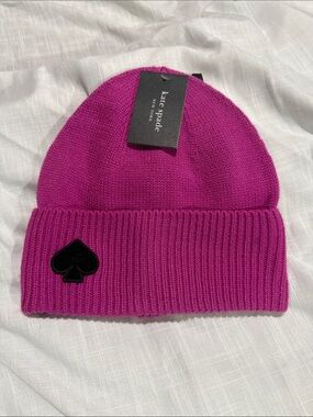 Kate Spade fuchsia Flocked Spade Ribbed Knit Beanie Hat One Size NWT